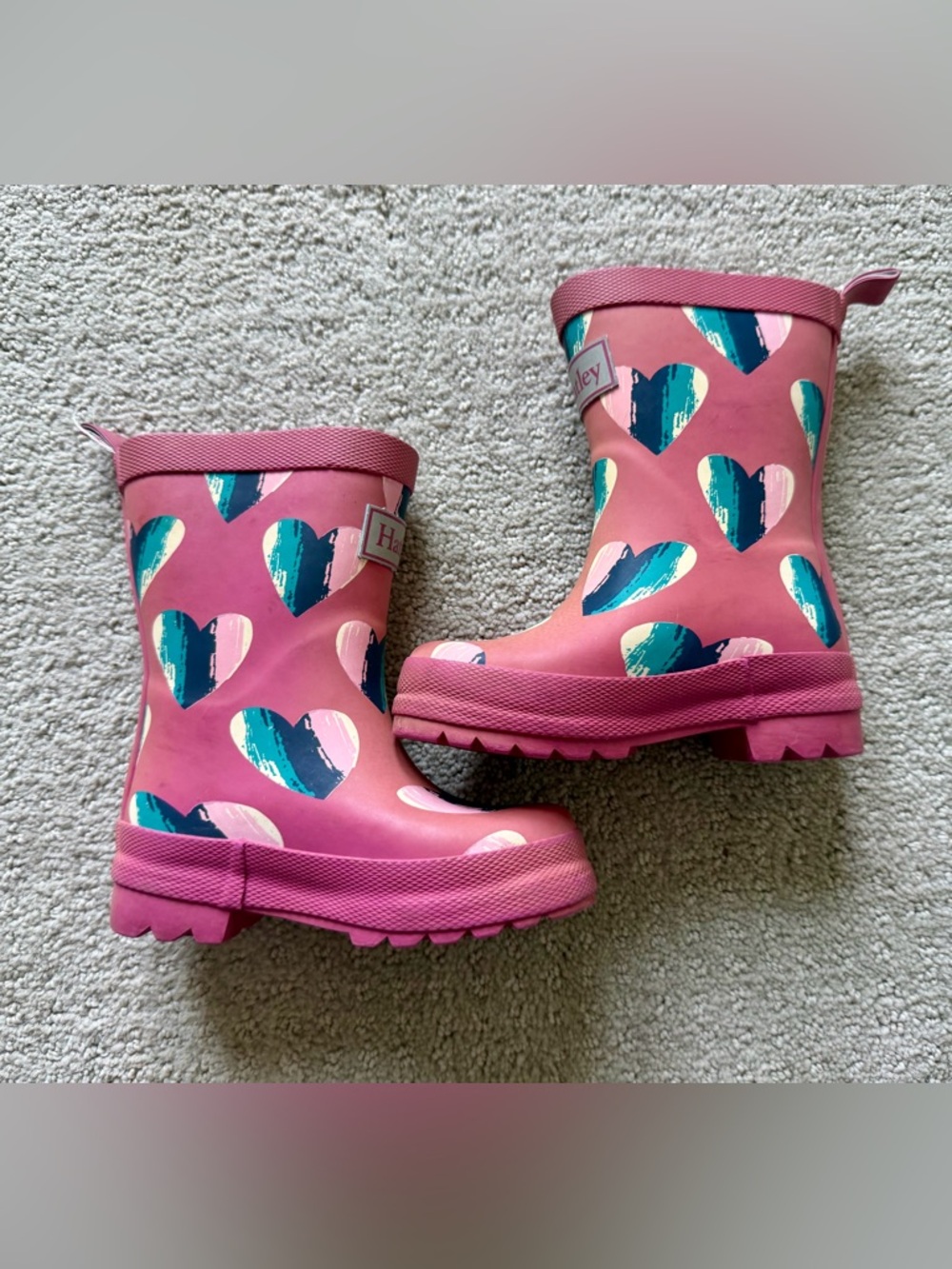 Hatley Pink Kids Rain Boots with Teal and White Heart Print